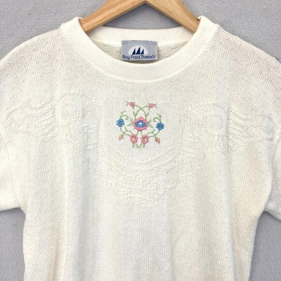 Vintage Bay Point Threads Womens Short Sleeve Sweater Small S White Embroidered - Picture 2 of 12